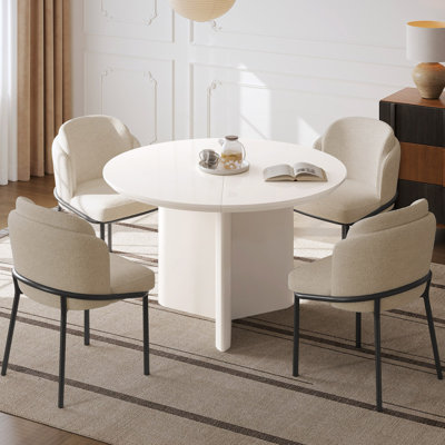 Round Dining Table Set With Pad Legs, 4 Chairs Cream White