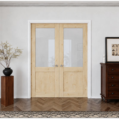 Interior Half-Lite Pine Wood & Frosted Glass Door, Colonial Natural Solid Pine Double French Doors, SGCC Certified Tempered Glass, White Frame & Satin Nickel Hardware-Privacy Door Lever with Lock, Latch & Hinges, Unfinished & Paintable, 72"x 80"
