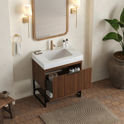 Meuble-lavabo moderne, armoire en contreplaqué rayé et lavabo en céramique, plateau luxueux en pierre dorée Calacatta