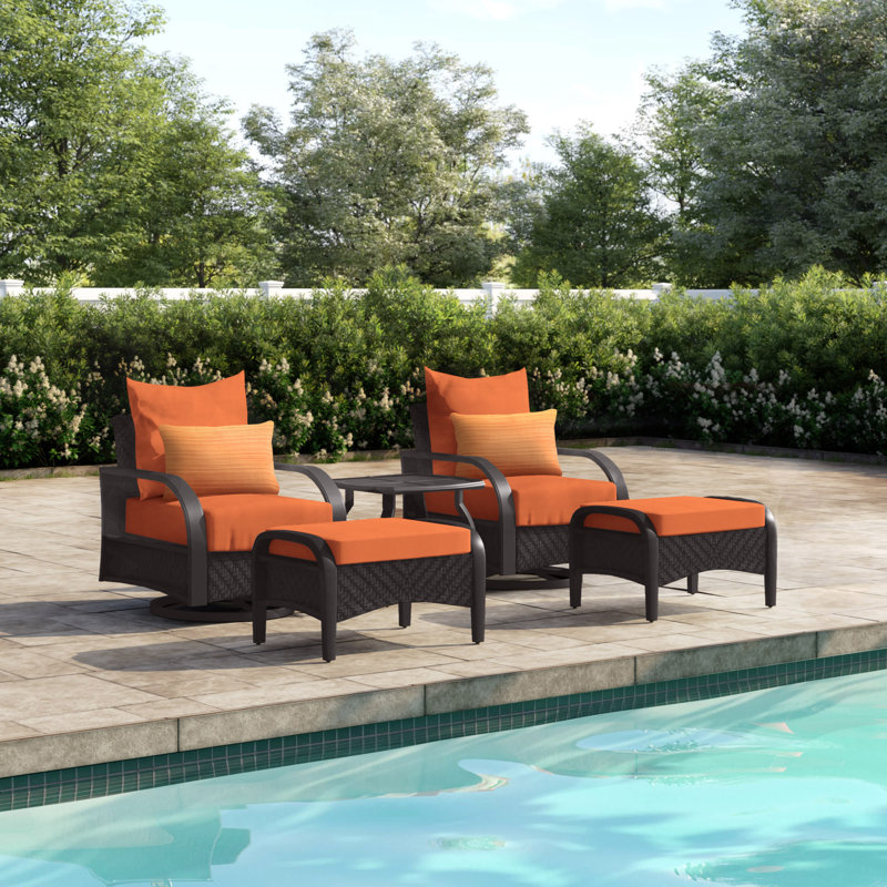 Kechia 5 Piece Rattan Sunbrella Seating Group with Cushions, Spectrum Cayenne Sunbrella® Plainweave