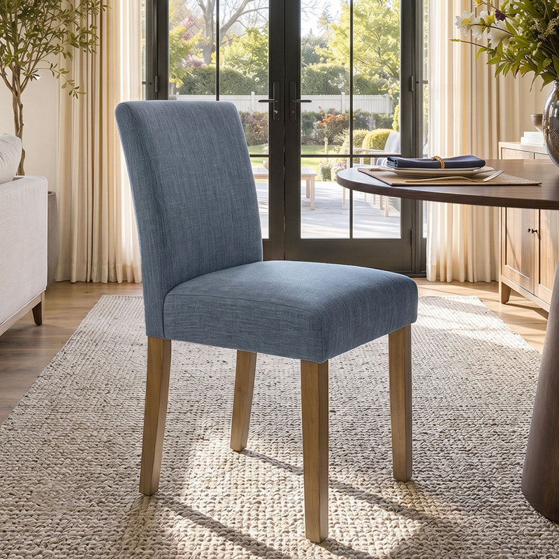 Ensemble de table de salle à manger pour 6 personnes avec table ronde unie et 6 chaises rembourrées en lin, Bleu