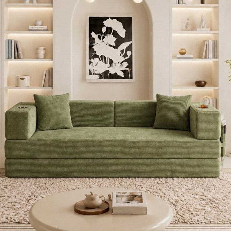Canapé-lit futon convertible de 200 cm avec poche de rangement et porte-gobelets, canapé-lit modulable en velours côtelé, canapé-lit gigogne pour salon, aucun assemblage requis