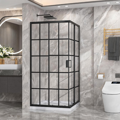 36 inch x 36 inch Matte Black Aluminum Alloy Corner Shower Door with Clear Tempered Glass Panels and Dual Sliding Opening