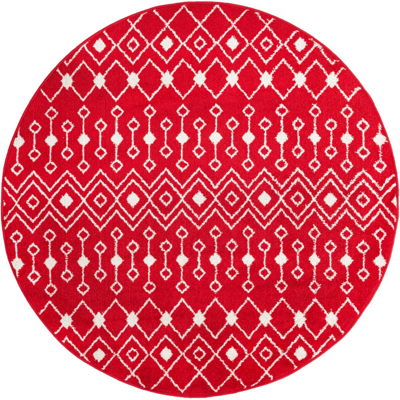 Tapis géométrique en chenille / polyester tissé à la machine Briehn - rouge / blanc, Rond 5 pi 3 po