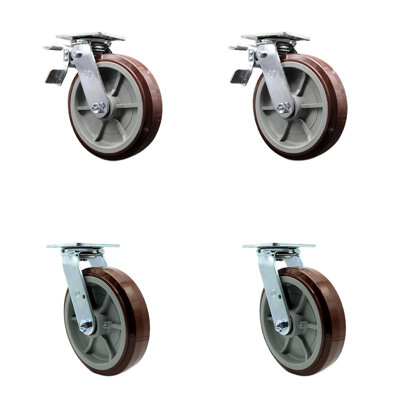 8 Inch Polyurethane Caster Set with Ball Bearings 2 Brakes 2 Swivel Locks SCC