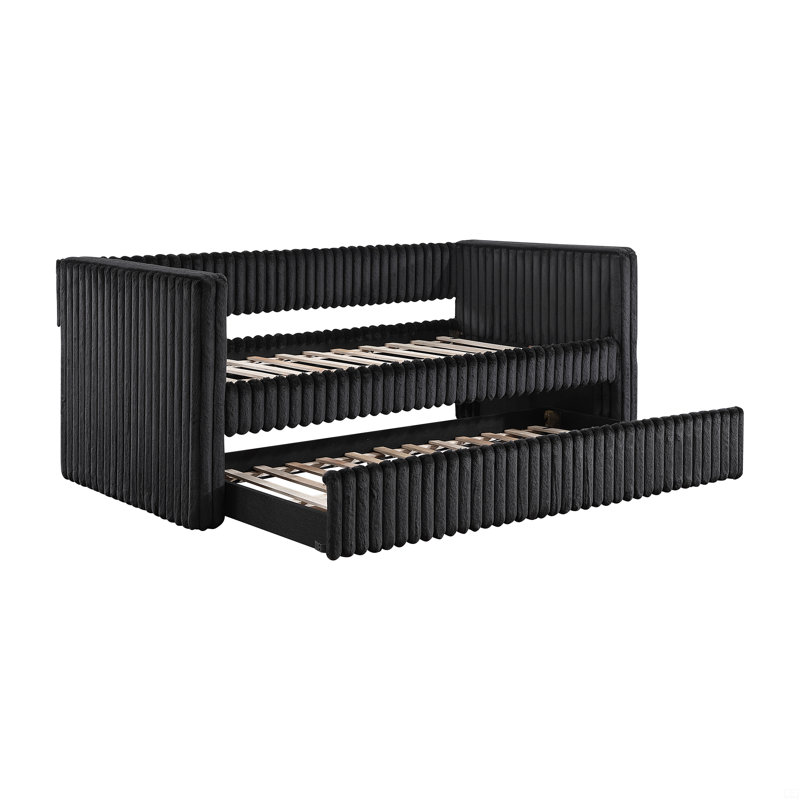 1Pc Daybed With Trundle Corduroy Fabric Upholstery, Black