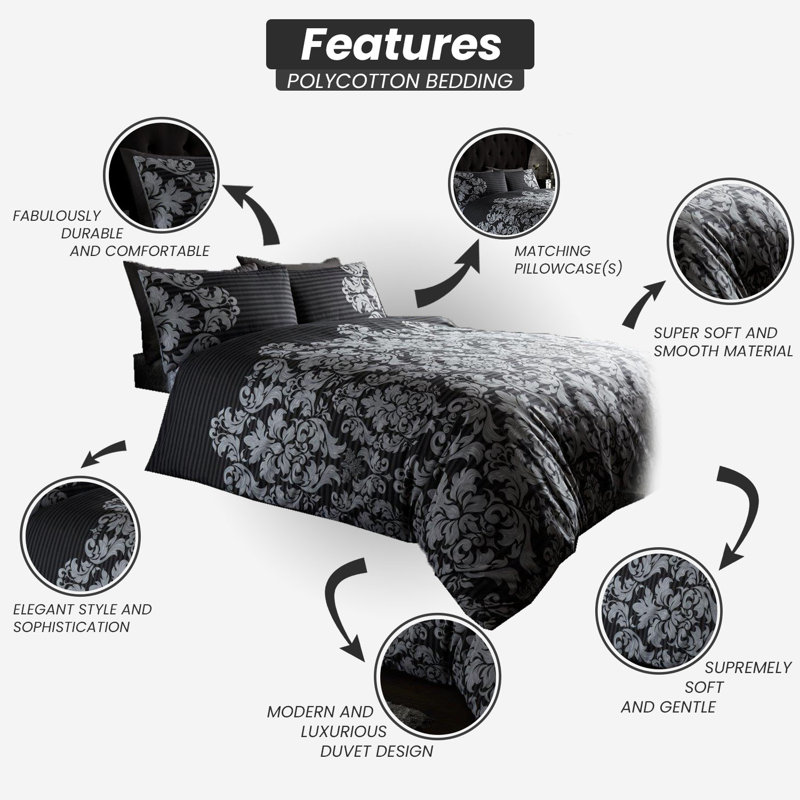 GC Printed Cotton Blend Damask Duvet Cover Set with Pillowcases, Double - 2 Standard Pillowcases, Black