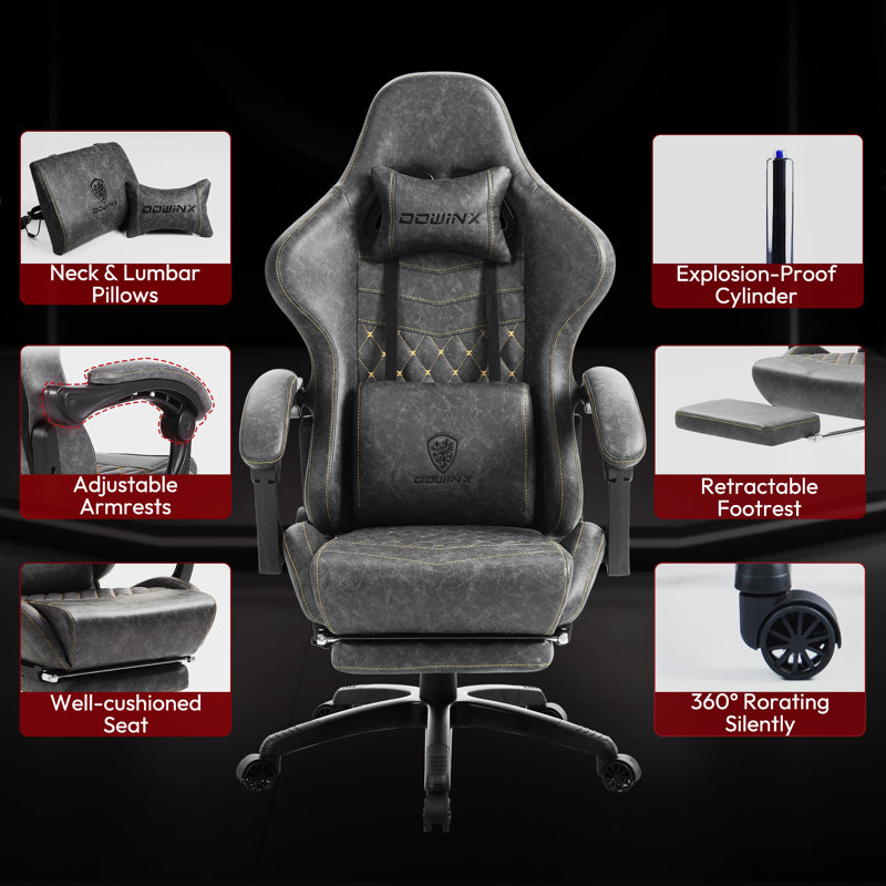 Big and Tall Gaming Chair with Footrest, Ergonomic High Back Office Computer Chair, Adjustable Massage Lumbar Support, PU Leather for Adults, 350Lbs, Grey