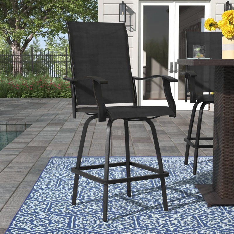 Corchado All-Weather PVC-Coated Polyester Swivel Patio Bar Height Stools with High Back and Armrests, Black