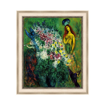 Framed Canvas Wall Art Bouquet with Lovers and Angel by Marc Chagall Giclee Print Dreamlike Romantic Surrealism Painting Modern Home Decor(White Oak & Mineral Grey,22"x28")