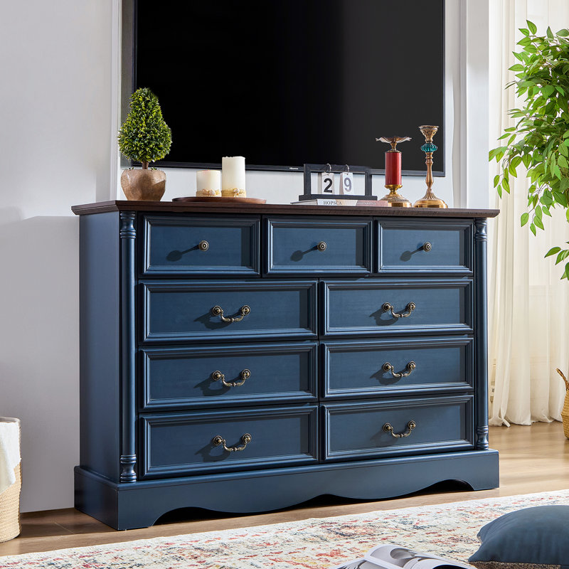 Commode 9 tiroirs, commode campagnarde de 54 po de largeur avec station de charge, finition patinée, Bleu