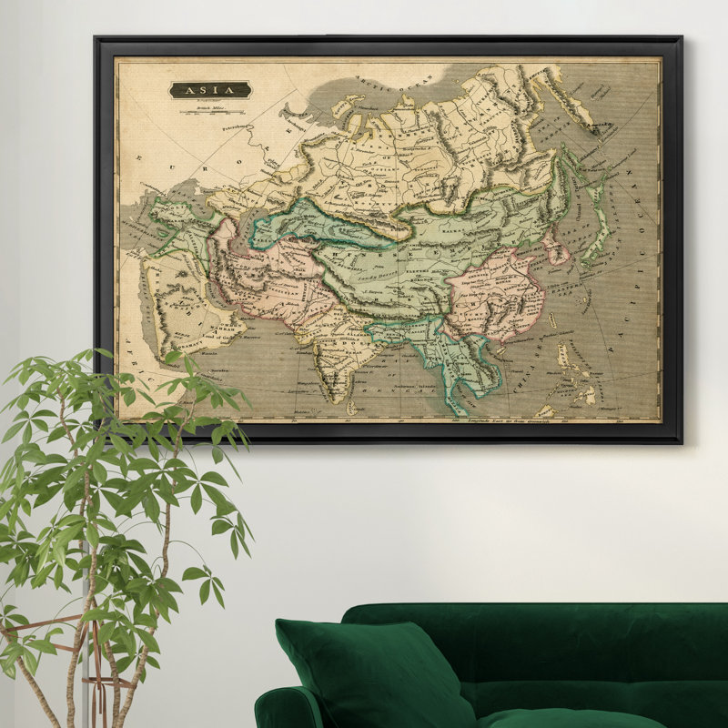 Carte de l’Asie de Thomson-impression d’art graphique sur toile encadrée, H 26,5 po x l 36,5 po x P 1,5 po, Cadre noir