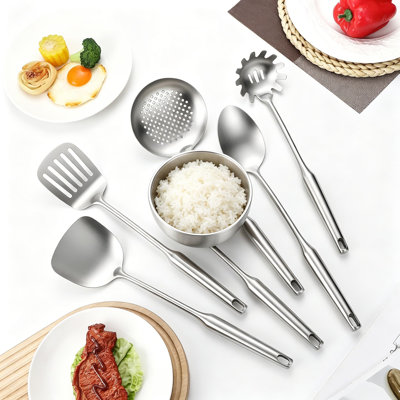 Ensemble d'ustensiles de cuisine 6 pièces en acier inoxydable avec spatule, louche, écumoire, cuillère à spaghetti et cuillère de service - Conception allant au lave-vaisselle et aux poignées ergonomiques