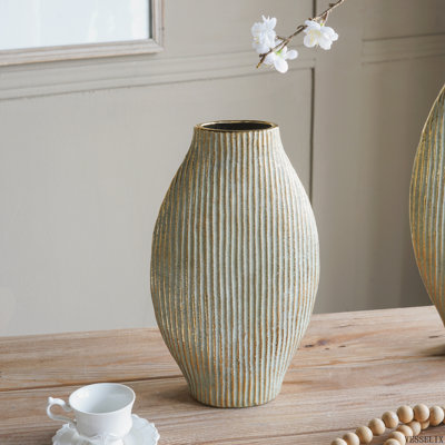 7.9"x3.3"x13" Gold Ceramic Cylinder Vase with Vertical Ribbed Texture, Slim Tabletop Flower Vase