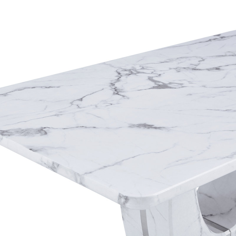 Dining Table set with PU Leather Upholstered Chairs, 7 Pieces: Table, 6 Chairs, White/Gold