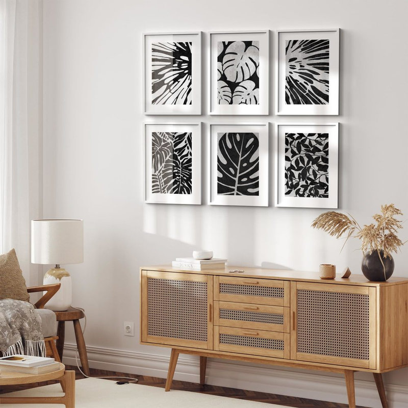 Art mural encadré, ensemble de décors de galerie, motifs de feuilles botaniques minimalistes en noir et blanc, décorations modernes pour salon, chambre à coucher, bureau