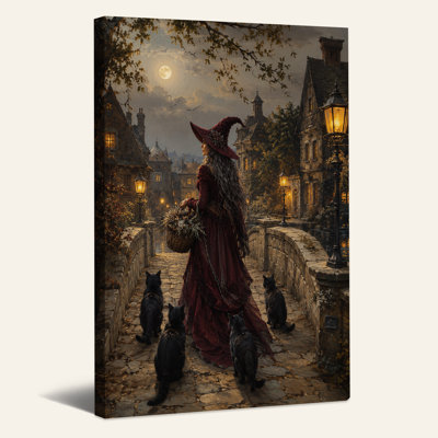 «Witch in Red Dress And Black Cats On Moonlit», art mural sur toile