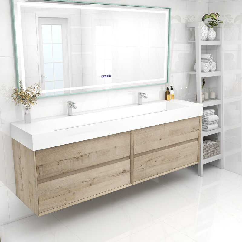 84" Wall Mounted Double Bathroom Vanity, White Oak