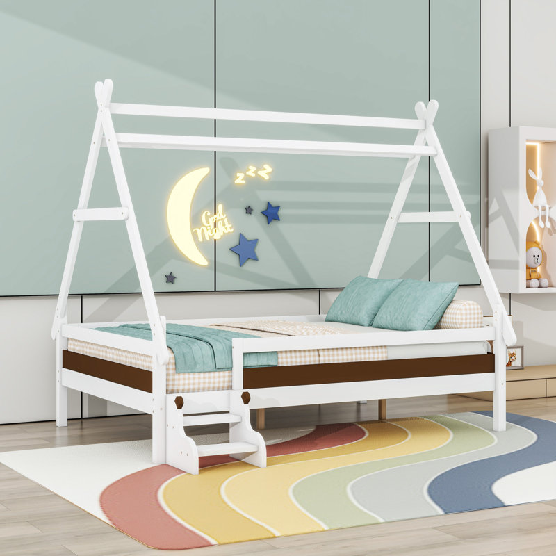 Lit en bois en forme de maison avec lattes, Blanc