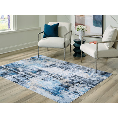 Tapis 10 po x 8 po en tissu doux à motif abstrait bleu et blanc
