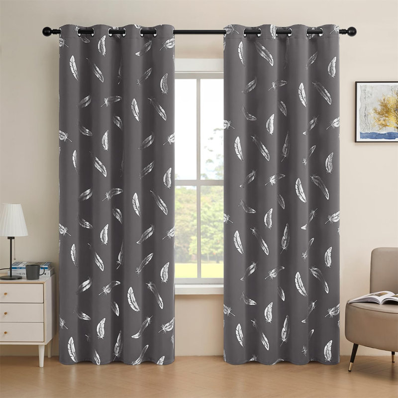 2‑Panel Blackout Curtains, Silver Foil Feather Print, Gray, 52"W x 63"L (Pack of 2)