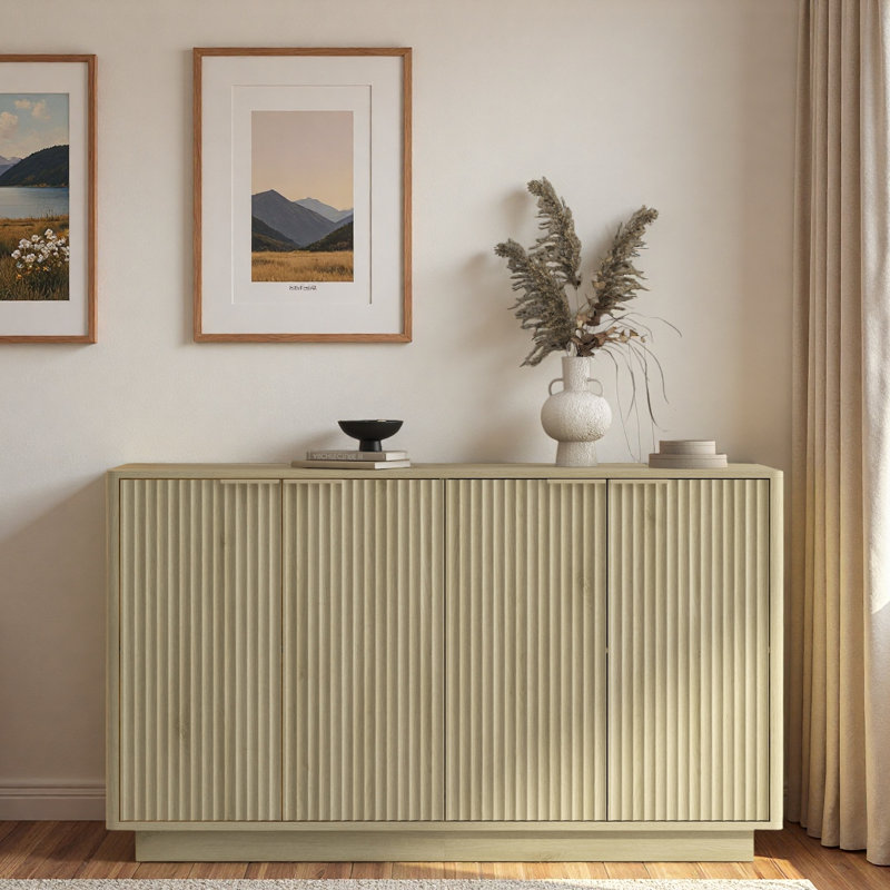 Modern Fluted Sideboard With Adjustable Shelves And Metal Handles, Natural