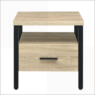 Table basse en chêne et noire à 1 tiroir pour le salon, pieds en métal durables et rangement
