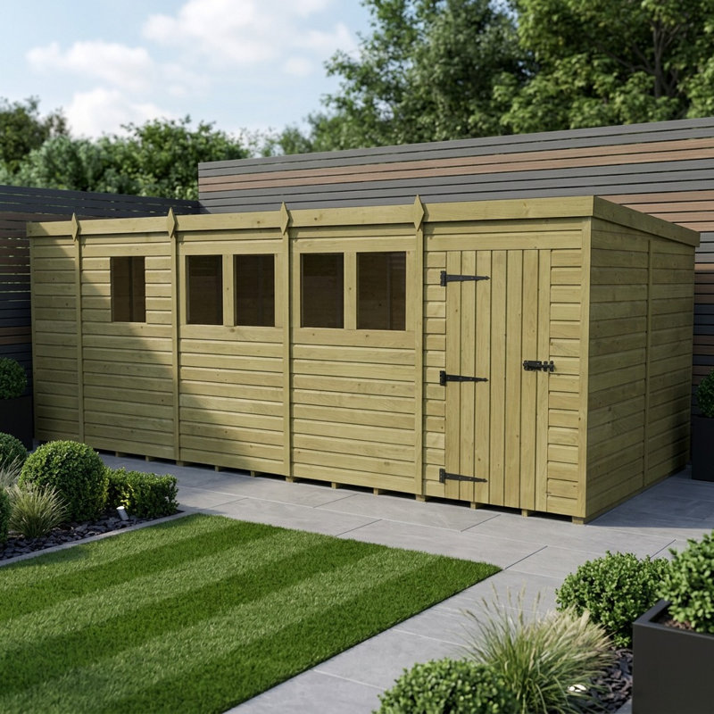 Total Sheds 17ft x 8ft Pent Garden Shed - Single Door - With Windows - Pressure Treated Timber - UK Manufactured