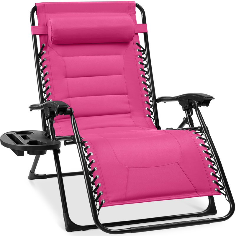  Oversized Padded Zero Gravity Chair, Folding Outdoor Patio Recliner W/ Side Tray - Hot Pink, Hot Pink