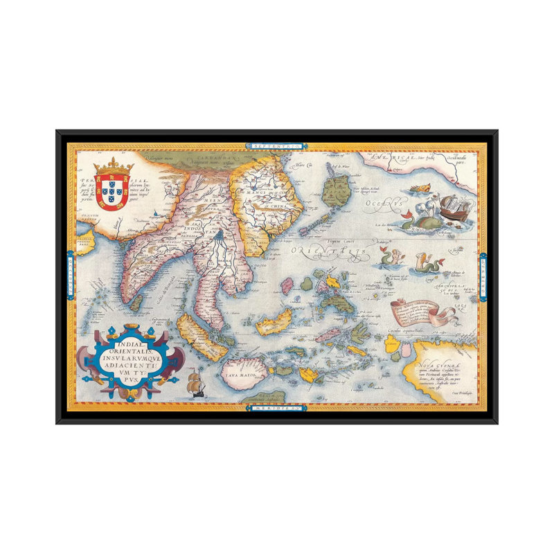 Antique Map East Asia, impression sur toile, H 18 po x l 26 po x P 1,5 po, Toile encadrée noire, Pas de tapis