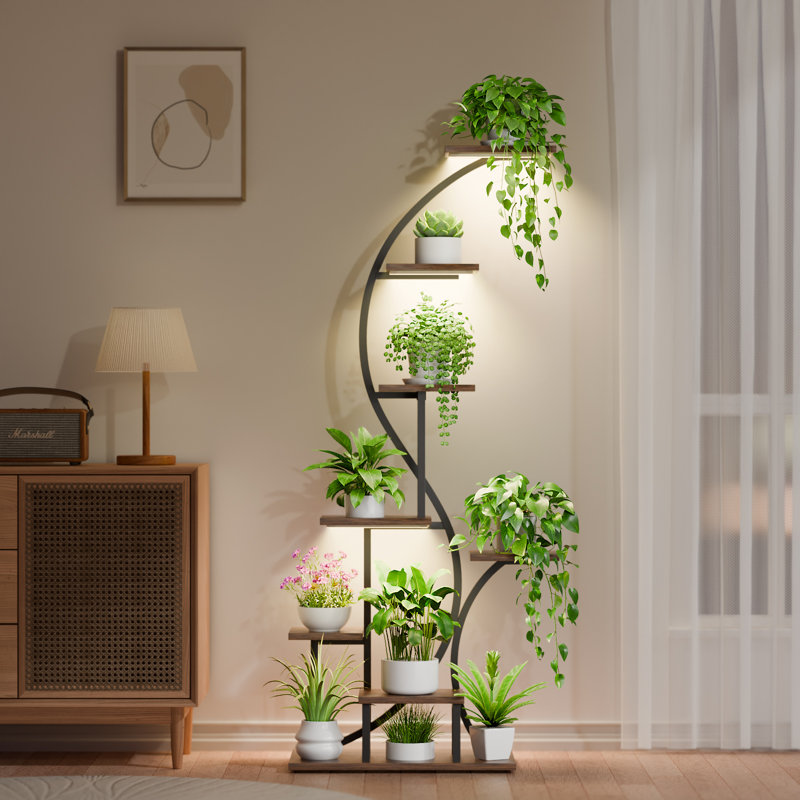 65" Tall Black Metal and Wood 6-Tier Plant Stand with Grow Light