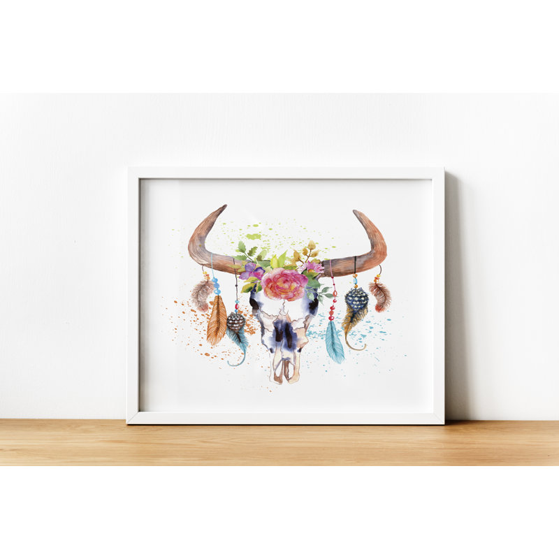 Floral Feathers Bull Skull Head - Painting, 76cm H x 102cm W x 2.5cm D, White
