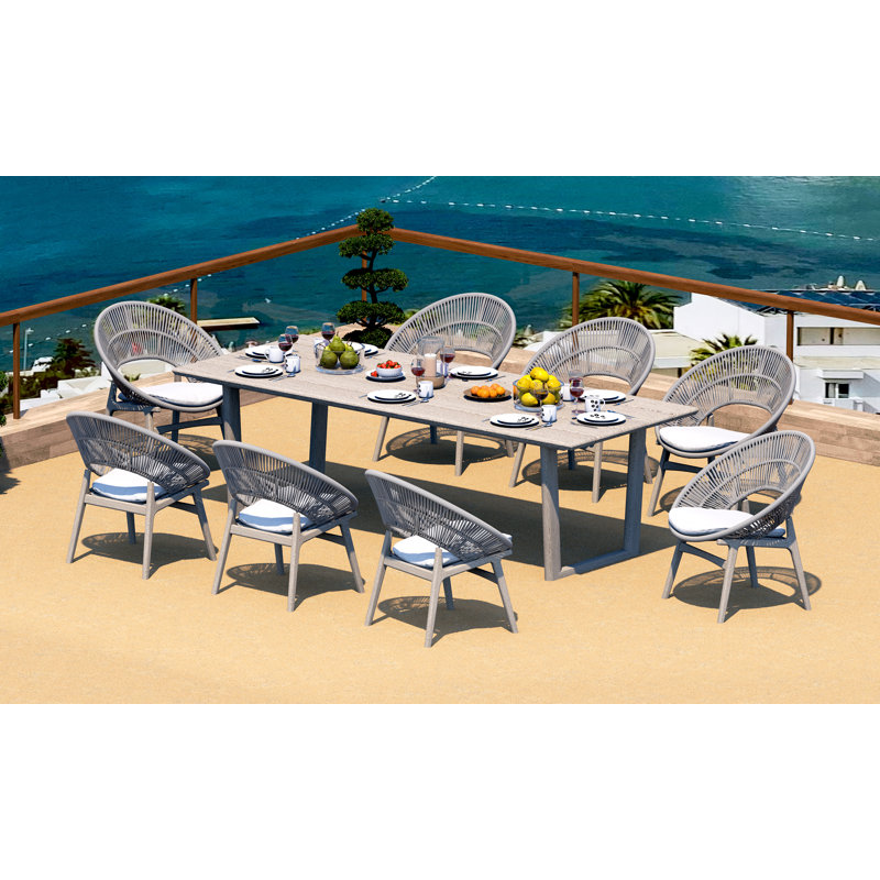9 Pcs Grade-A Weathered Teak Wood Dining Set: 98" Sema Rectangle Table  And 8 Robas Arm Chairs #11Ro3308, 8