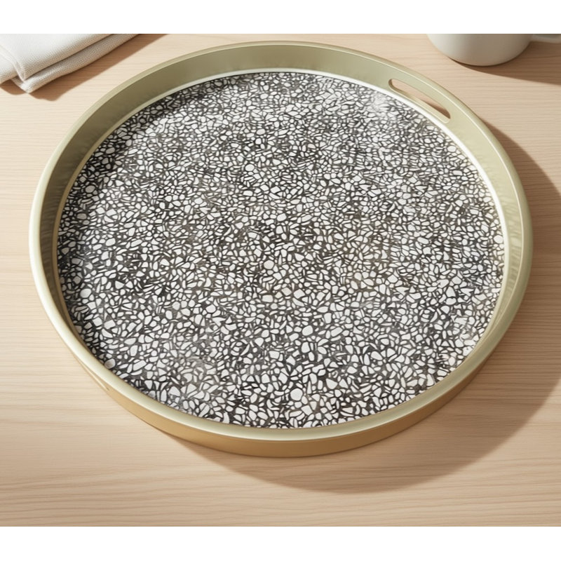 Handmade Reverse Painted Mirror Round Tray in Terrazzo