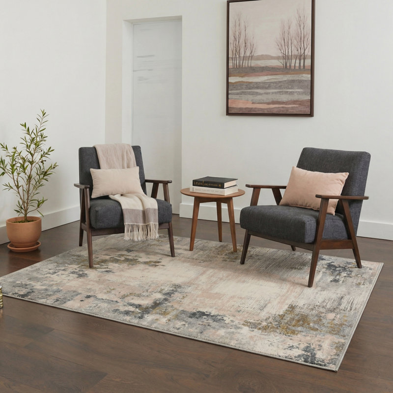 Mignone Lumo Abstract Machine Washable Grey / Beige Indoor Area Rug with Non-Slip Backing, Rectangle 5' x 7'