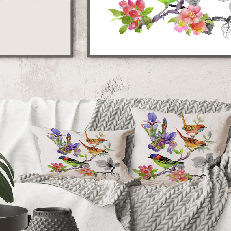 Housse de coussin carré et fleurs tropicales et oiseaux colorés I, 16" x 16"