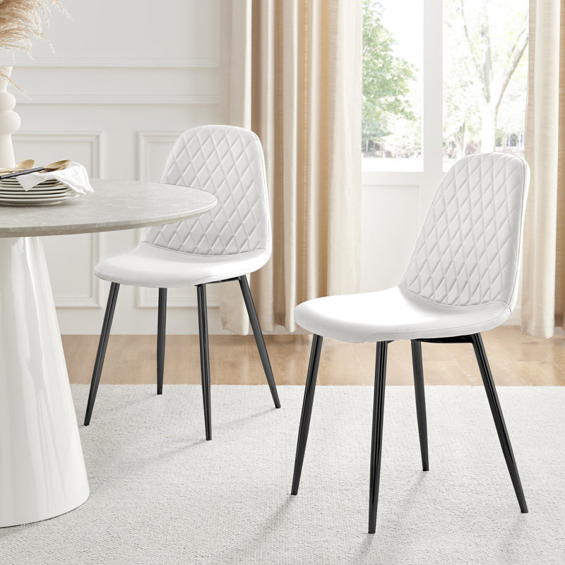 Morral Luxury Diamond Quilt Stitched Faux Leather Upholstered Tapered Metal Leg Dining Chairs, White, Black