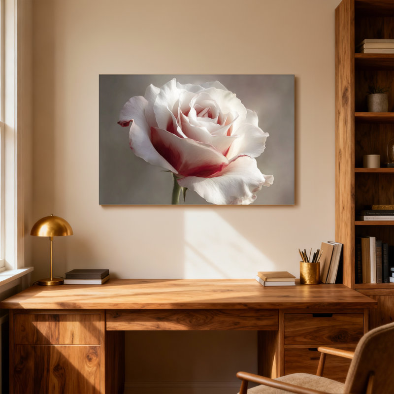 Plantes et fleurs - rose blanche avec accents roses sur toile, H 16 po x l 24 po