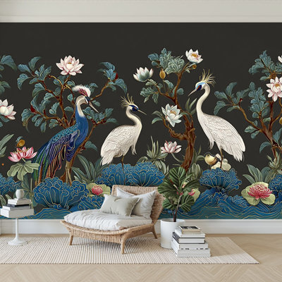 Peel and Stick Wallpaper 144" W x 100" H Modern Self Adhesive Wall Mural for Bedroom Border chinoiserie style herons peacock peonies