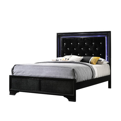 Full Size Bed With Upholstered Headboard And Led Lights In Black Glamour Crystal Inlay