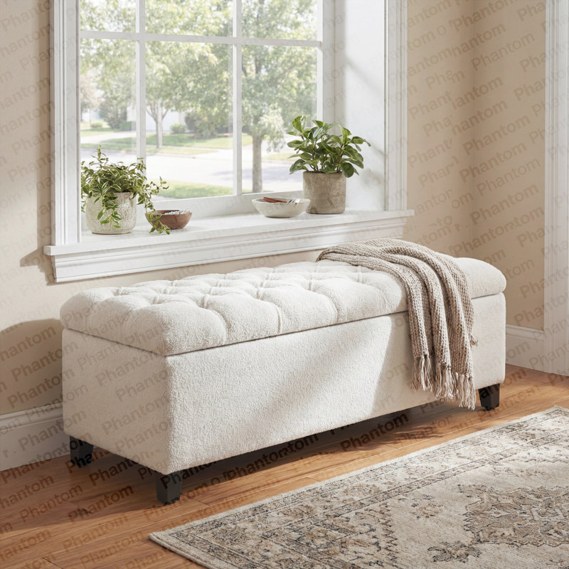 Banc repose-pieds avec rangement, surface blanche, pieds en bois d'hévéa, capacité de 300 lb