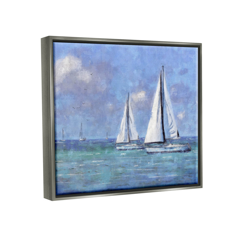 Voiliers à la dérive par Nina Blue - peinture sur toile, H 17 po x l 21 po x P 1,7 po, Cadre flottant gris lustré