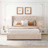 Size Storage Bed Velvet Upholstered Platform Bed With Wingback Headboard And A Big Drawer