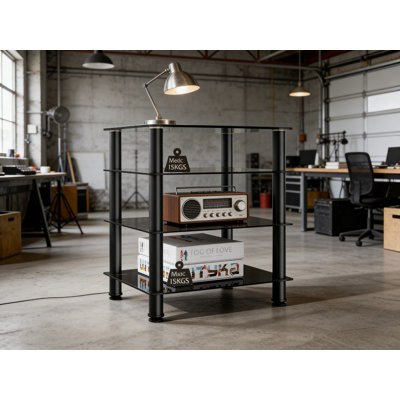 4-Tier Tempered Glass Media Stand For TV Components, Game Consoles, And Audio Equipment With Steel Frame And High Weight Capacity