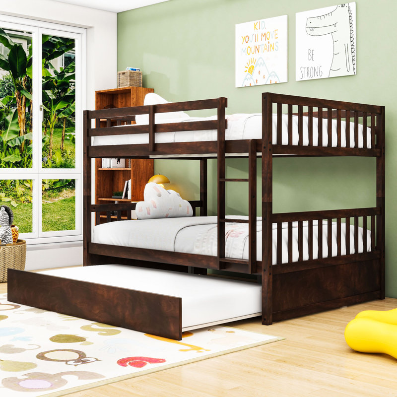 Full Over Full Wood Bunk Bed With Trundle And Ladder