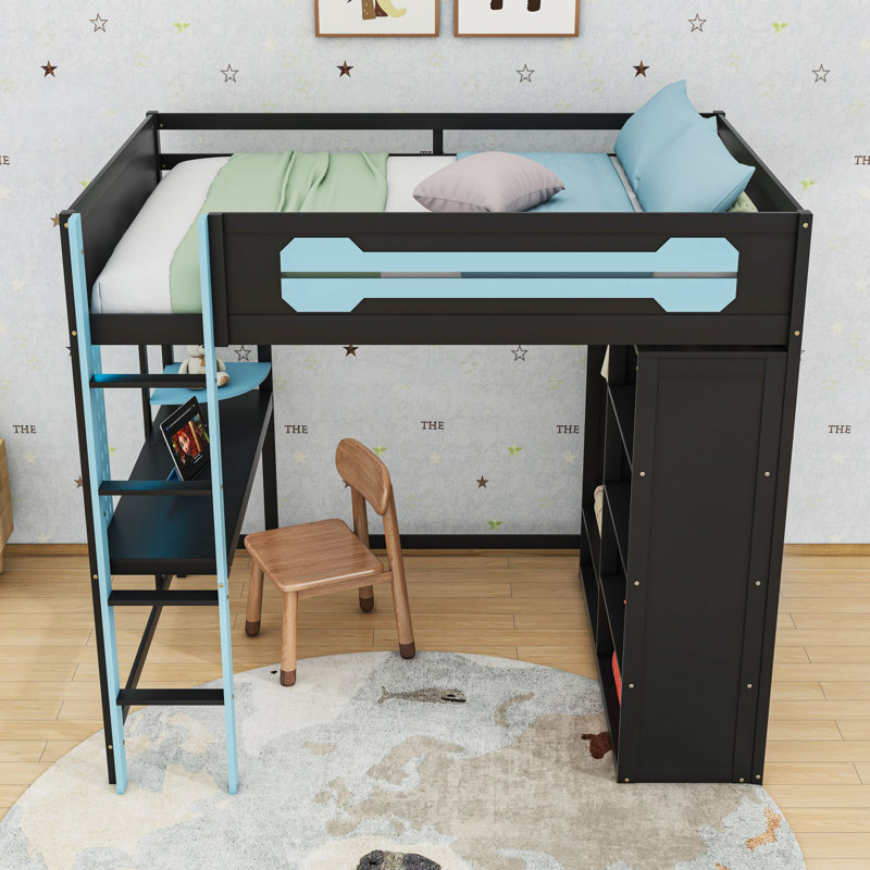 Lit mezzanine avec bureau, garde-robe et lumière RVB, Bleu