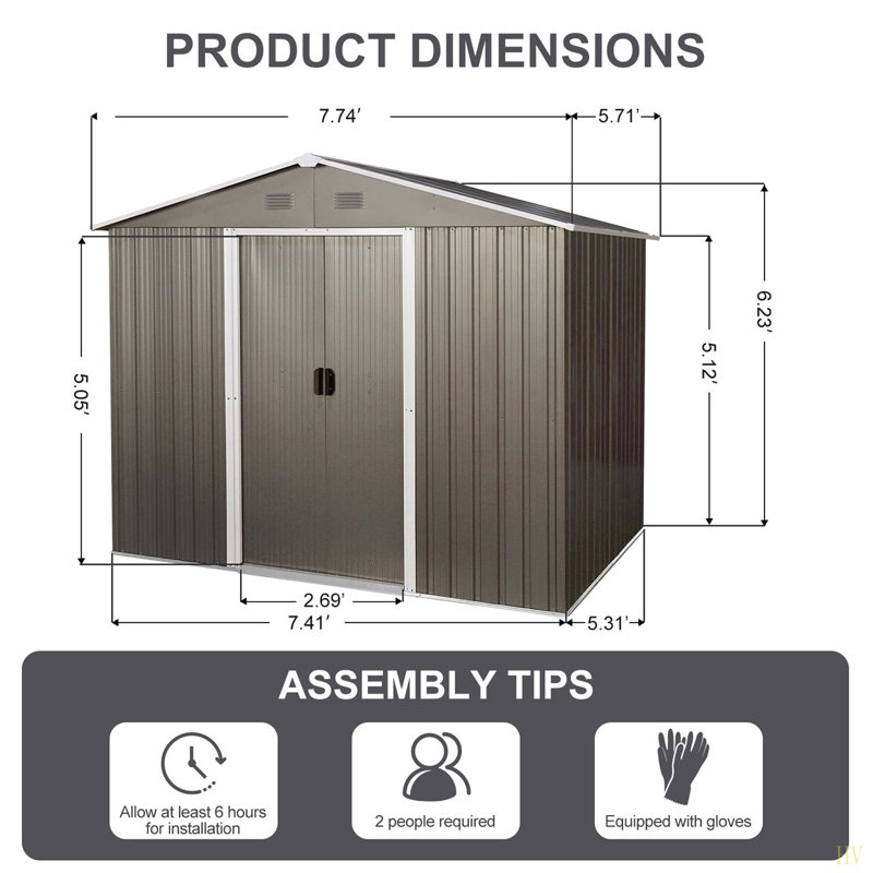 8Ft X 6Ft Outdoor Metal Storage Shed With Metal Foundation, Gray