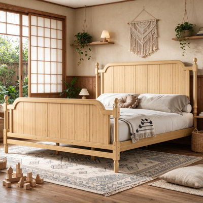 Bamboo Platform Bed with High Headboard and Footboard for Bedroom , Solid Bamboo Frame with Under Bed Clearance No Box Spring Needed Sturdy Support, Queen Size, Natural