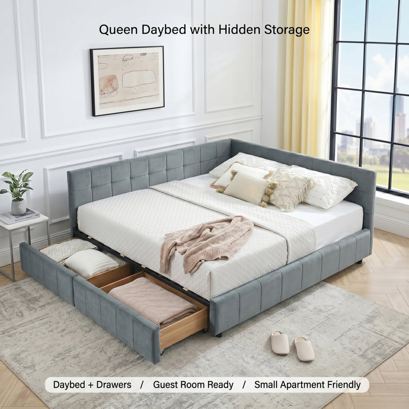 Modern Upholstered Queen Daybed with Drawers and Backrest for Bedroom or Guest Room, Grey