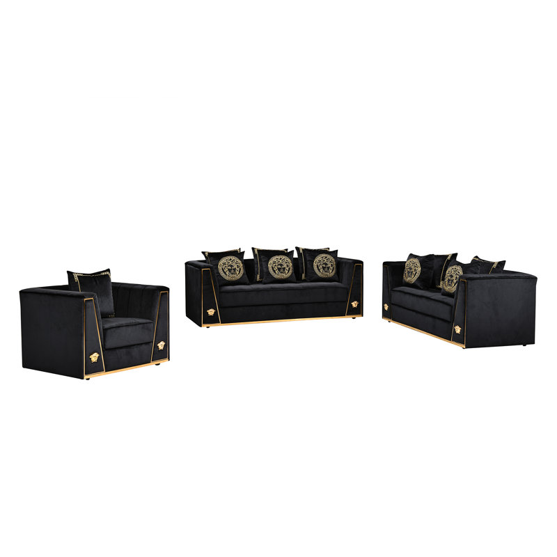 3-Piece Velvet Sofa Set With Gold Metal Legs & Pillows For Living Room, Black